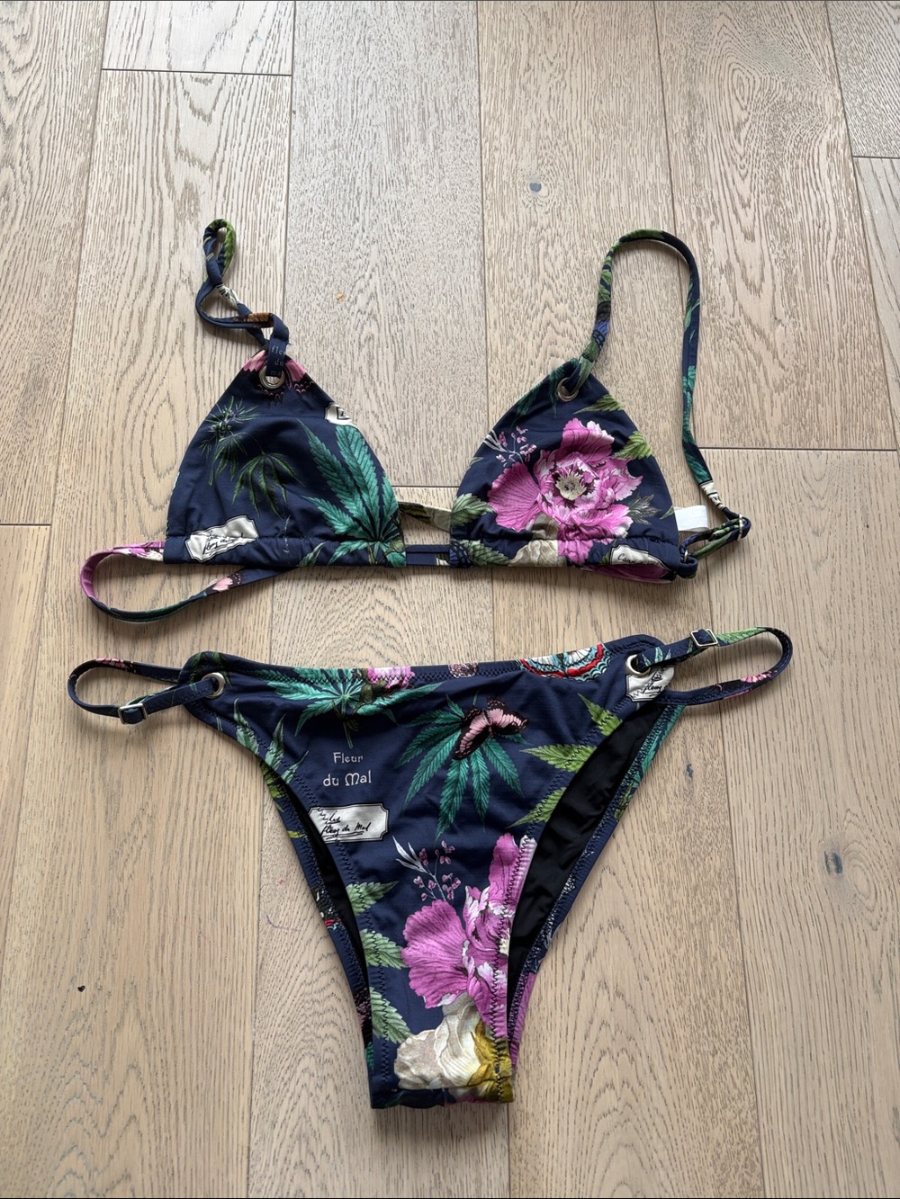 Fleur du Mal Navy Floral Triangle Bikini with Pink & Green Accents Size M